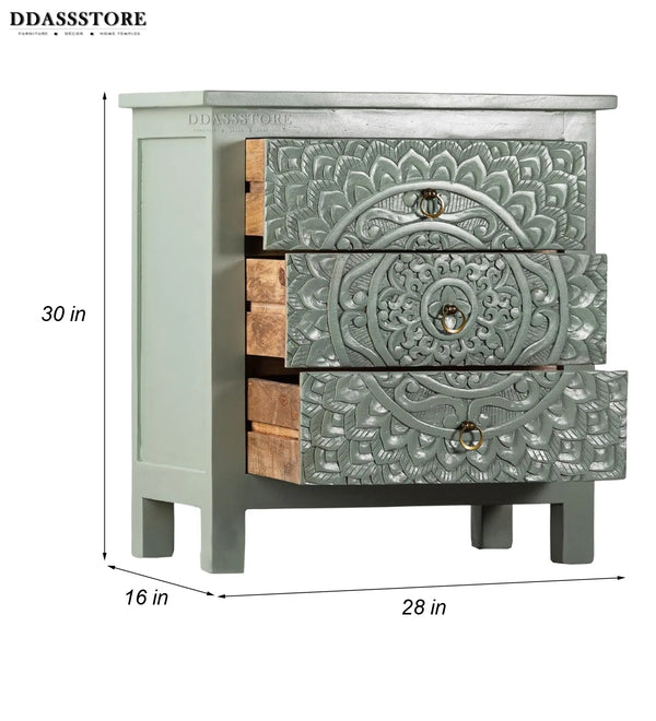 Distressed Green Solid wood HandCarved Bedside Table for Bed - D'DASS Store