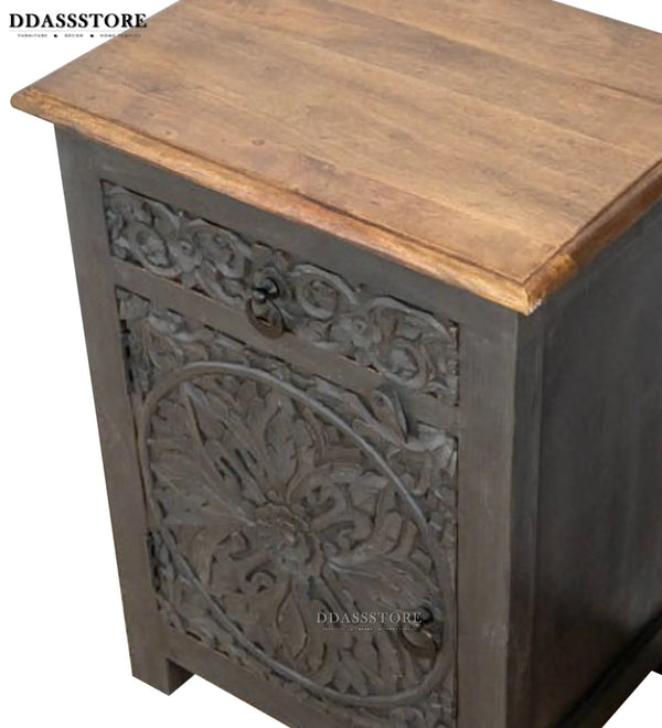 Distressed Grey Solid wood HandCarved Bedside Table for Bed - D'DASS Store
