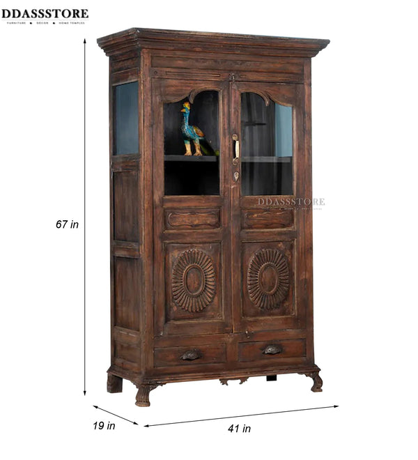 Walnut Rustic Solid wood HandCarved Bookshelf with Storage - D'DASS Store