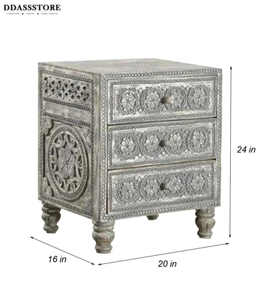 Rustic Grey Solid wood HandCarved Bedside Table for Bed - D'DASS Store