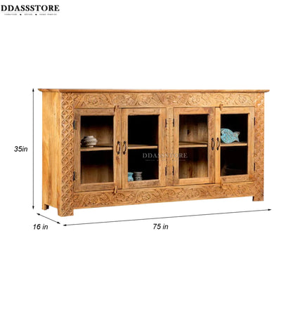Natural Rustic Solid wood HandCarved Bookshelf with Storage - D'DASS Store