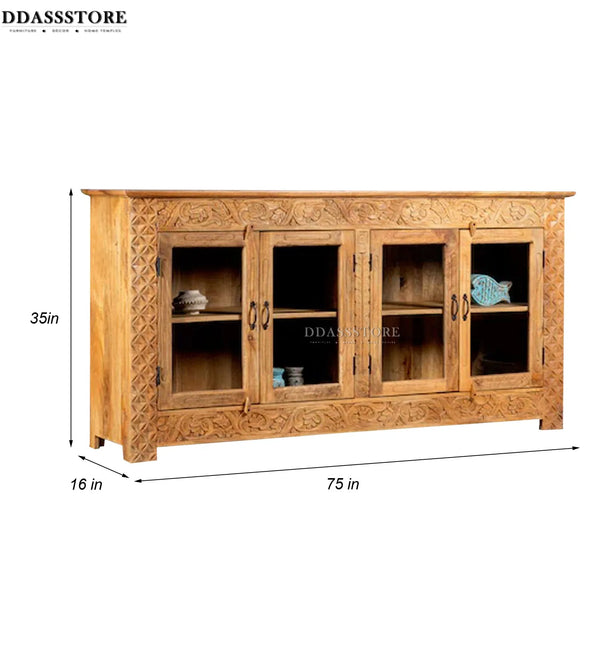 Natural Rustic Solid wood HandCarved Bookshelf with Storage - D'DASS Store