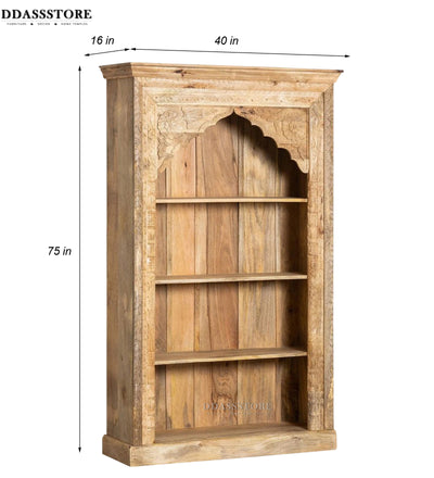 Natural Rustic Solid wood HandCarved Bookshelf with Storage