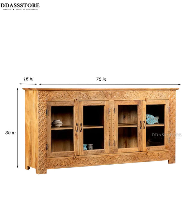 Natural Rustic Solid wood HandCarved Crockery unit for Kitchen - D'DASS Store