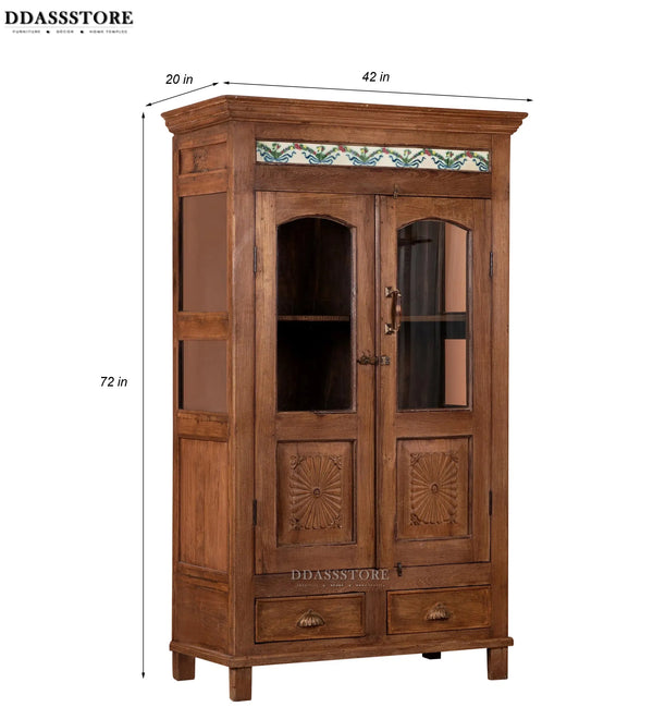 Walnut Rustic Solid wood HandCarved Bookshelf with Storage - D'DASS Store