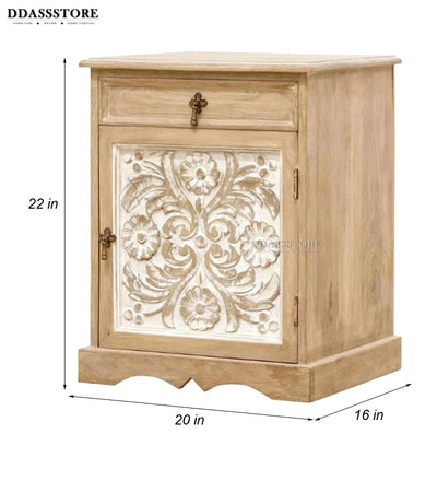 Rustic Natural Solid wood HandCarved Bedside Table for Bed - D'DASS Store