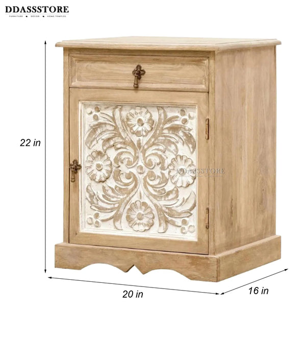 Rustic Natural Solid wood HandCarved Bedside Table for Bed - D'DASS Store