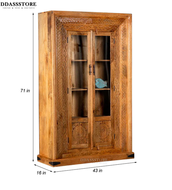 Natural Rustic Solid wood HandCarved Bookshelf with Storage - D'DASS Store