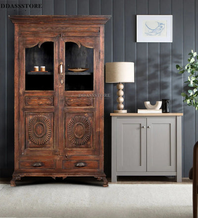 Walnut Rustic Solid wood HandCarved Bookshelf with Storage - D'DASS Store