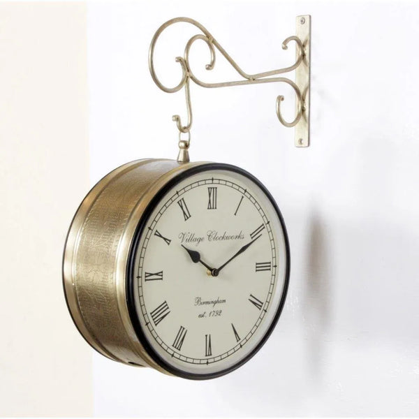 12" Brass Finish Iron Station Platform Wall Clock for Wall | Double Sided Clock