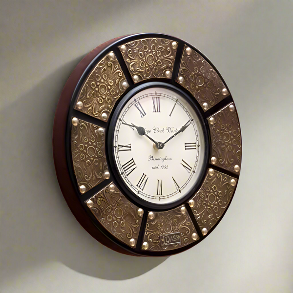 12" Decorative Ethnic Floral Brass Wall Clock for Home