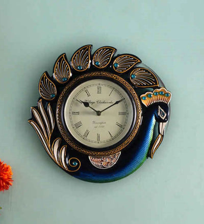 12" Decorative Ethnic Peacock Painted Wall Clock for Home | House Warming Gift