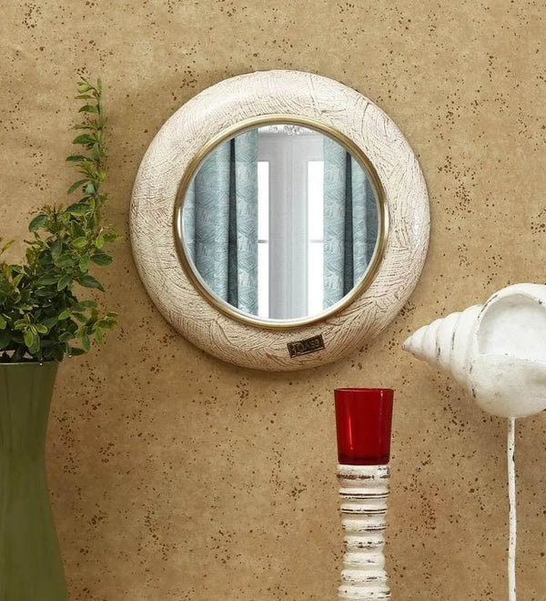 12 Inch Beige Pinewood MDF Handpainted Decorative Wall Mirror