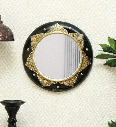 12 Inch Black Pinewood MDF Handpainted Decorative Wall Mirror