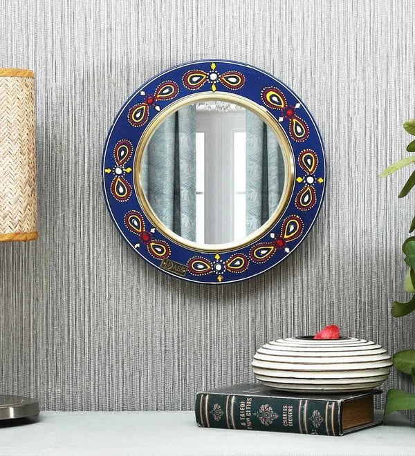 12 Inch Blue Pinewood MDF Handpainted Decorative Wall Mirror