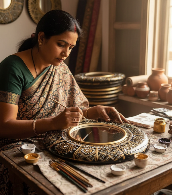 12 Inch Ethnic Handpainted Decorative Round Wall Mirror