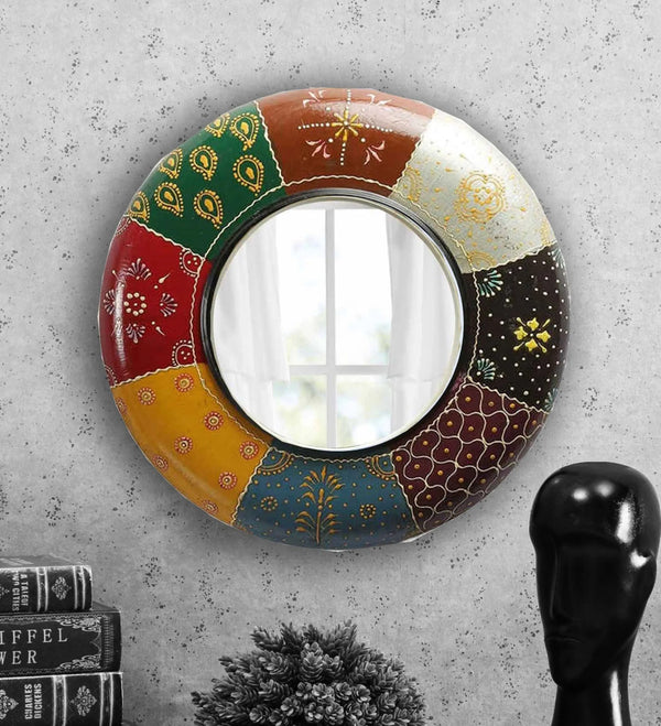 12 Inch Ethnic MDF wood Decorative Round Wall Mirror in Multi-Coloured