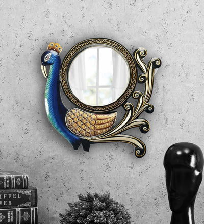 12 Inch Kanuti MDF wood Peacock Handpainted Decorative Wall Mirror
