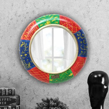 12 Inch Multicolour Pinewood MDF Handpainted Decorative Wall Mirror