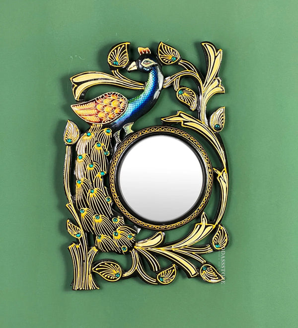 12 Inch Multicolour Pinewood MDF Peacock Decorative Wall Mirror