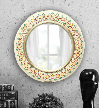 12 Inch Off White PinewoodMDF Handpainted Decorative Wall Mirror