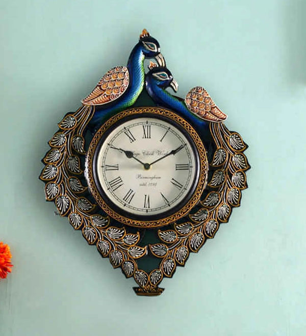 16" Decorative Ethnic Wooden Peacock Painted Wall Clock for Home