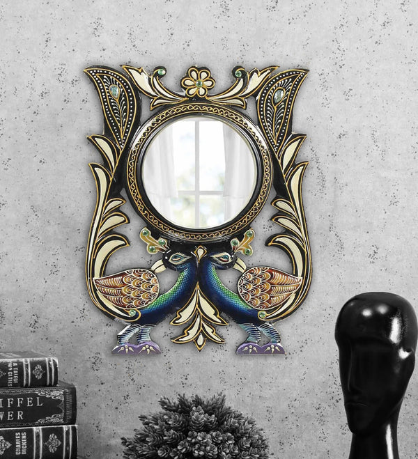 18 Inch Peacocks MDF Wood Decorative Handpainted Wall Mirror