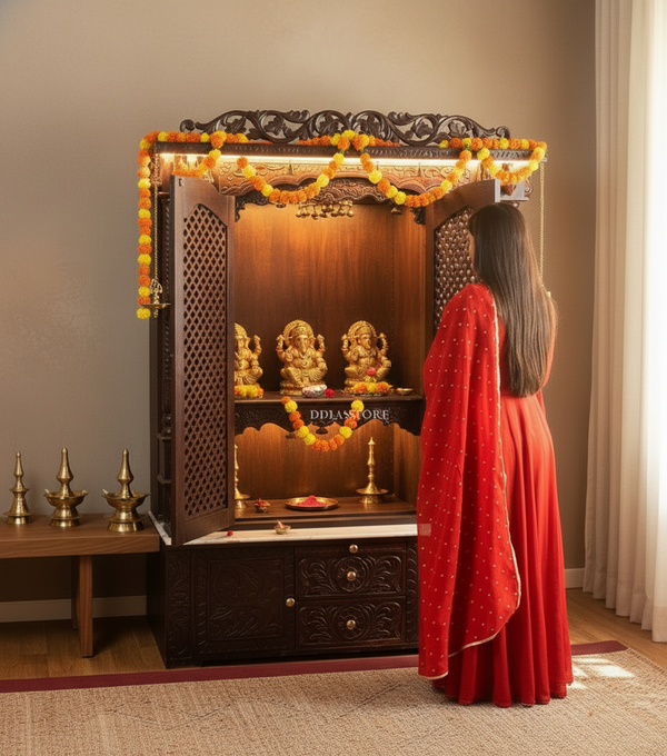 South Indian Style Solid Sheesham Wood Pooja Mandapam with Gopuram | Pooja room designs