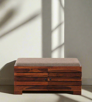 AmberWood Rest Sheesham Wood Shoe Rack In Scratch Resistant Honey Oak Finish With Beige Cushion