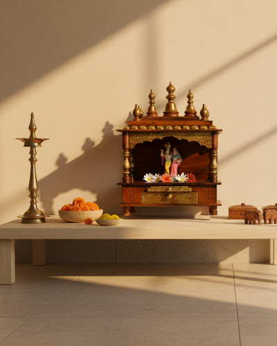 Copper Sheesham MDF Wooden Pooja Temple For Office | DDASSWT24 - D'DASS Store