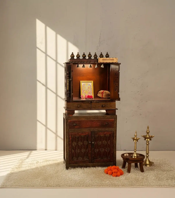 Wooden Pooja Temple & Puja Mandap with Cabinet for Home | DDASSWT2411Cabinet_CopperD