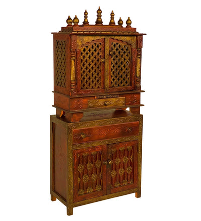 Wooden Pooja Temple & Puja Mandap with Cabinet for Home | DDASSWT2412_CABIN_CopperD
