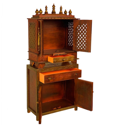 Wooden Pooja Temple & Puja Mandap with Cabinet for Home | DDASSWT2412_CABIN_CopperD