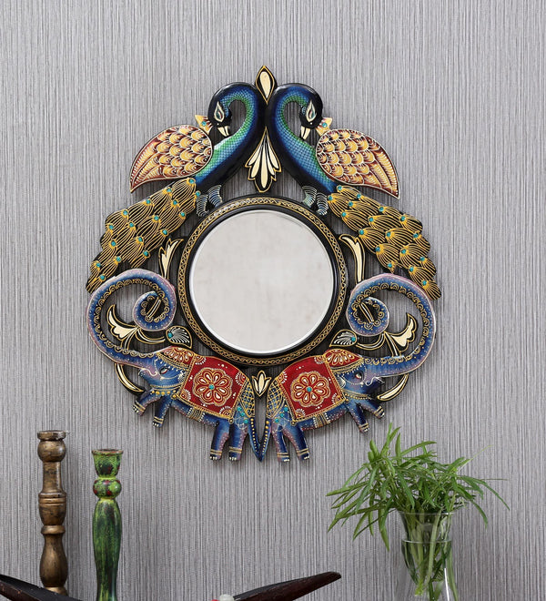 24" Peacocks Elephants MDF wood Decorative Wall Mirror