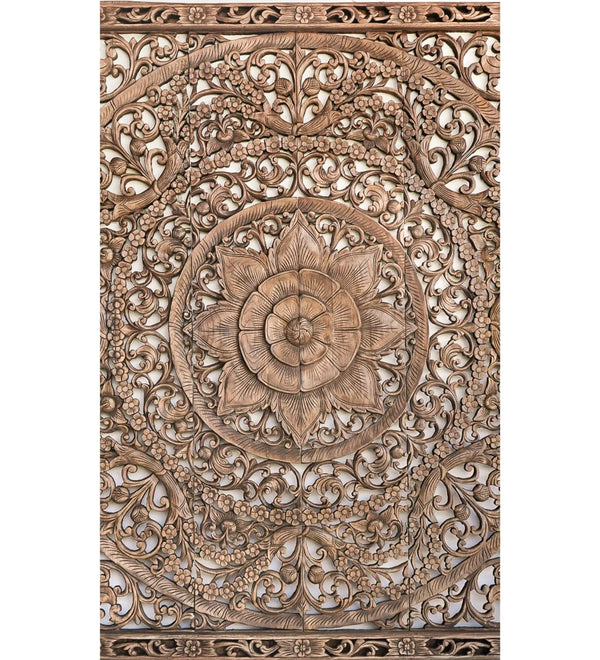 Heritage Haven Wall Mounted Lotus Carved Headboard with Frame - D'DASS Store