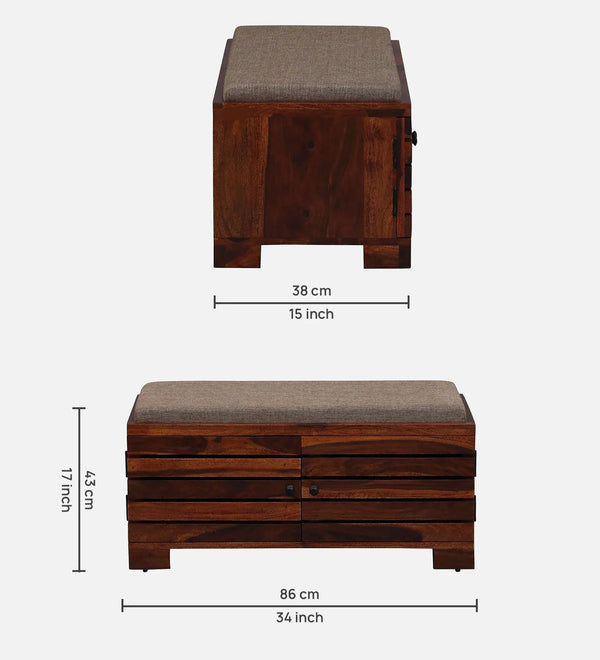 AmberWood Rest Sheesham Wood Shoe Rack In Scratch Resistant Honey Oak Finish With Beige Cushion - D'DASS Store