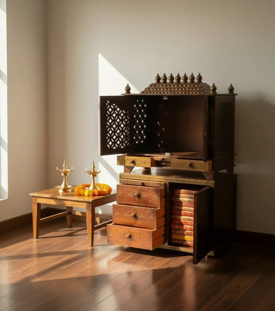 Wooden Pooja Temple & Puja Mandap with Cabinet for Home | DDASSWT3211_Cabinet_CopperD - D'DASS Store