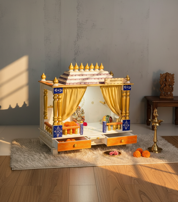 Solid Sheesham MDF Wooden Pooja Mandap with Gopuram | DDASSWT3211SD_Open