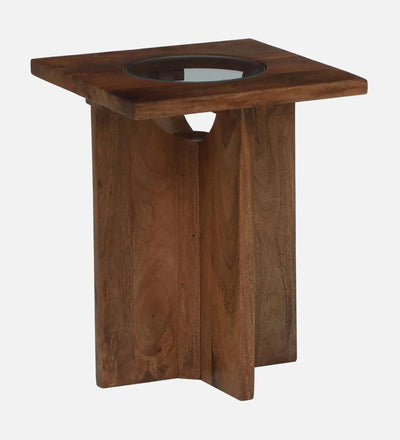 Rustic Horizon Wood Side Table In Rustic Teak Finish With Glass Top - D'DASS Store