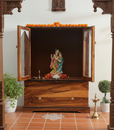 Sheesham Wood Veneer Big Wooden Pooja Mandir With Door For Home & Office | DDASSWT_EW3213Honey