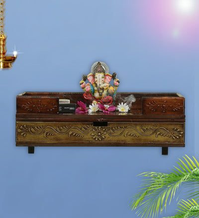Big Copper Wall Hanging Wooden Pooja Shelf Chowki For Home