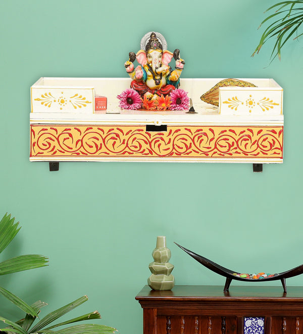 Big Gold Wall Hanging Wooden Pooja Shelf Chowki For Home