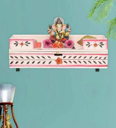 Big Pink Wall Hanging Wooden Pooja Shelf Chowki For Home &amp; Office