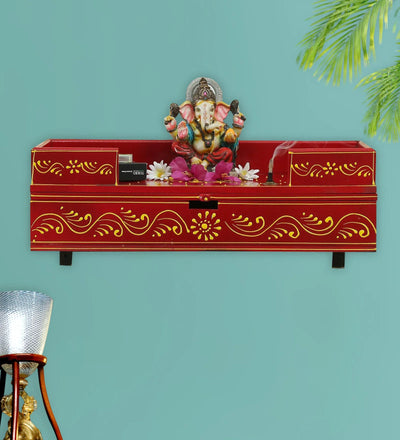 Big Red Wall Hanging Wooden Pooja Shelf Chowki For Office
