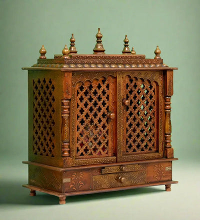 Big Sheesham Copper Wooden MDF Pooja Temple For Office