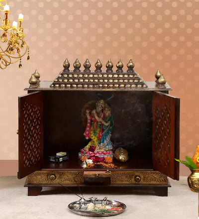 Big Sheesham MDF Copper Wooden Pooja Temple With Door