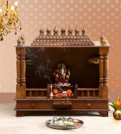 Big Sheesham MDF Honey Wooden Pooja Temple for Home &amp; Office