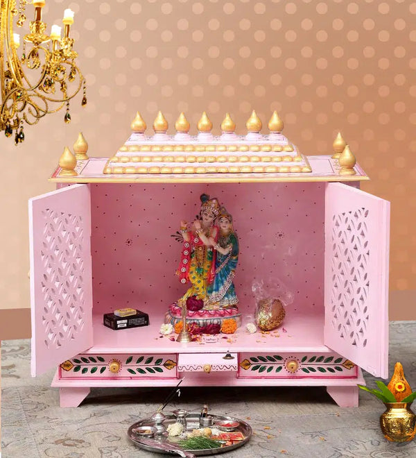 Big Sheesham MDF Pink Wooden Pooja Temple for Home