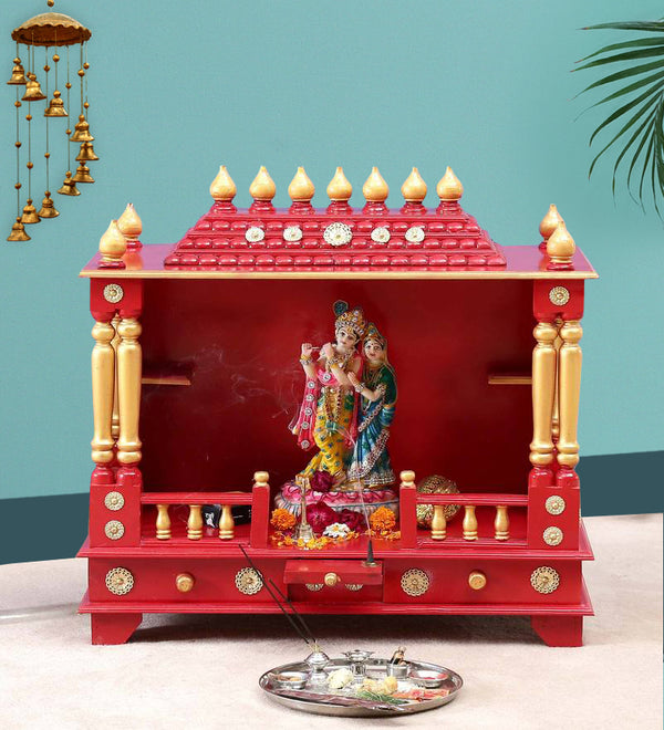 Big Sheesham MDF Red Wooden Pooja Room For Home