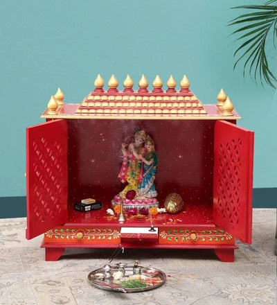 Big Sheesham MDF Red Wooden Pooja Temple With Door